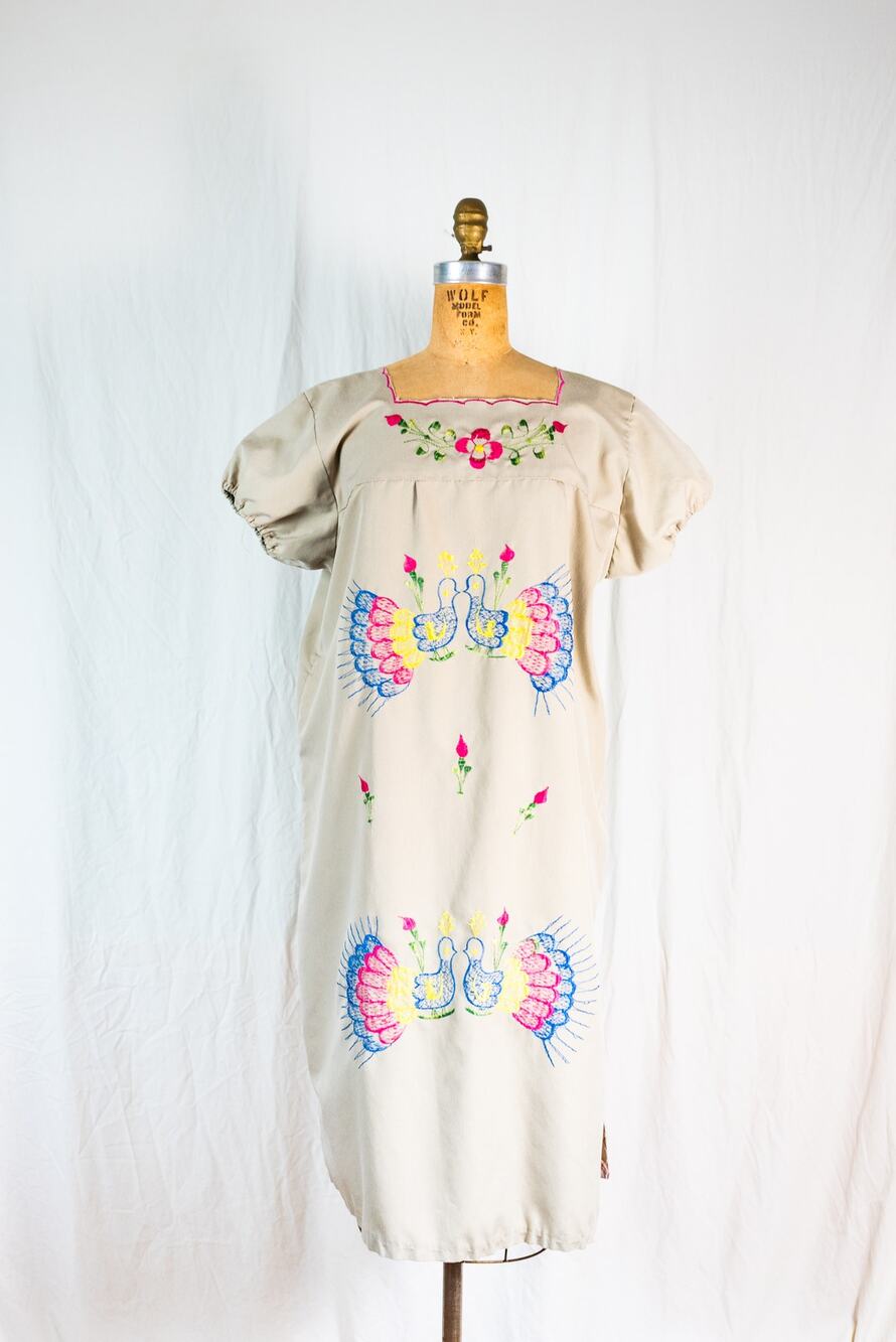 Vintage 70s Oaxacan Embroidered Peacock Dress, Boho Mexico Midi Folk Floral LG
